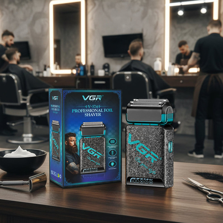 ماشین اصلاح موی صورت وی جی ار مدل v-374 با تیغه استیل ضد زنگ، اصلاح فویلی، قابلیت اصلاح با شماره صفر، نمایشگر میزان شارژ، قفل ایمنی، طراحی ارگونومیک و شارژ سریع