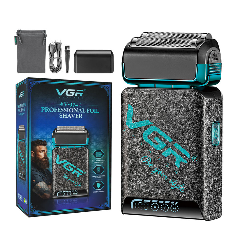 ماشین اصلاح موی صورت وی جی ار مدل v-374 با تیغه استیل ضد زنگ، اصلاح فویلی، قابلیت اصلاح با شماره صفر، نمایشگر میزان شارژ، قفل ایمنی، طراحی ارگونومیک و شارژ سریع