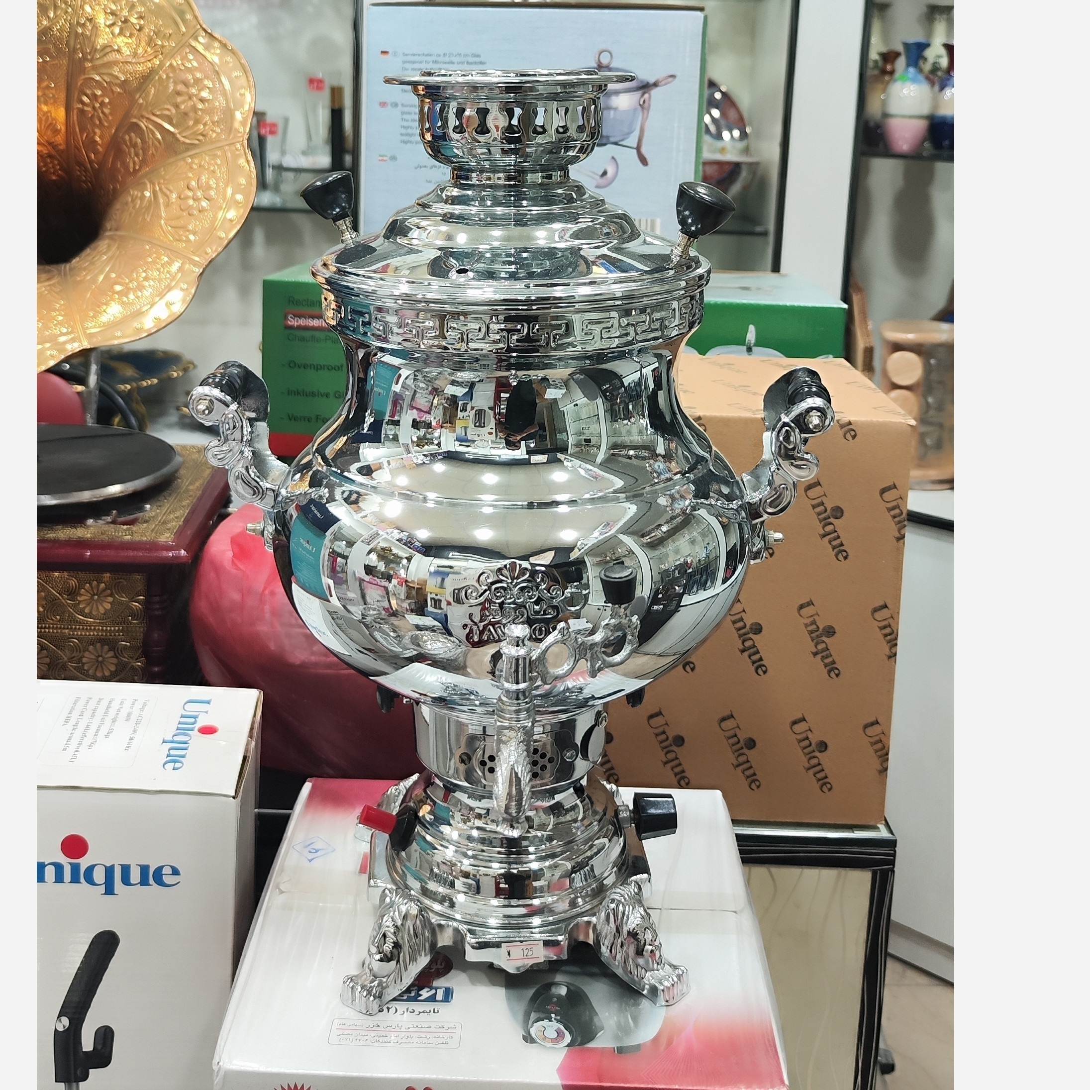 سماور گازی 6 لیتر طاووس مدل کروم طرح ساده (بدون سرویس پا سماوری)